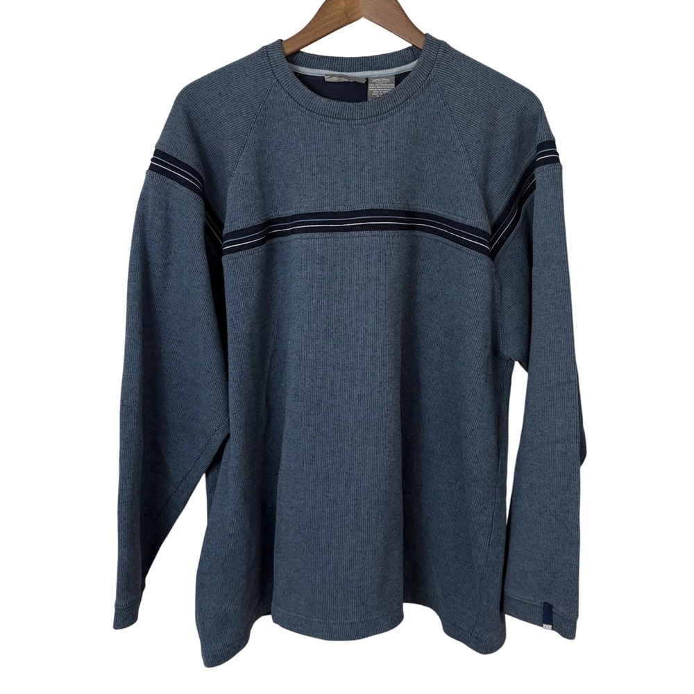 Y2K Ribbed Striped Sweater Mens XL Blue Raglan Long Sleeve Crewneck Pullover